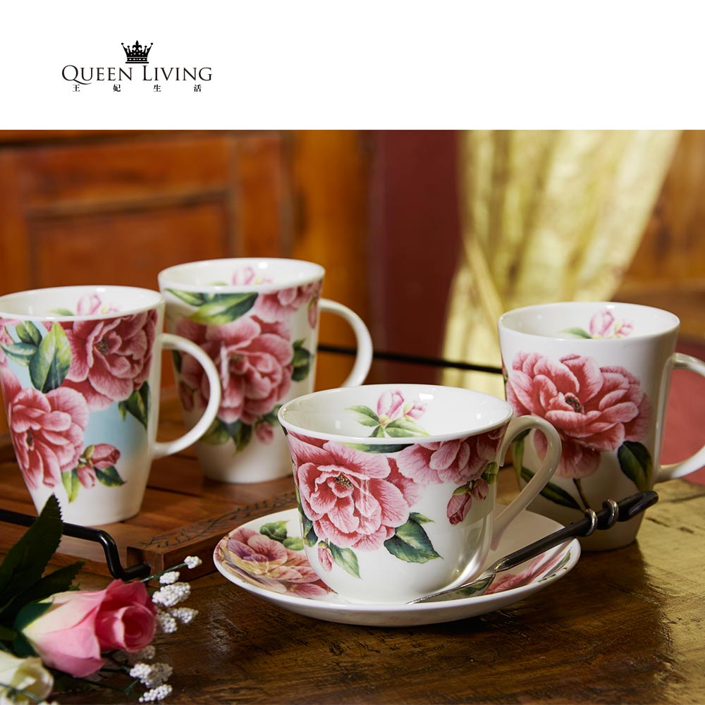 British RK | Bone China Camellia Breakfast Cup and Plate Set Large Capacity